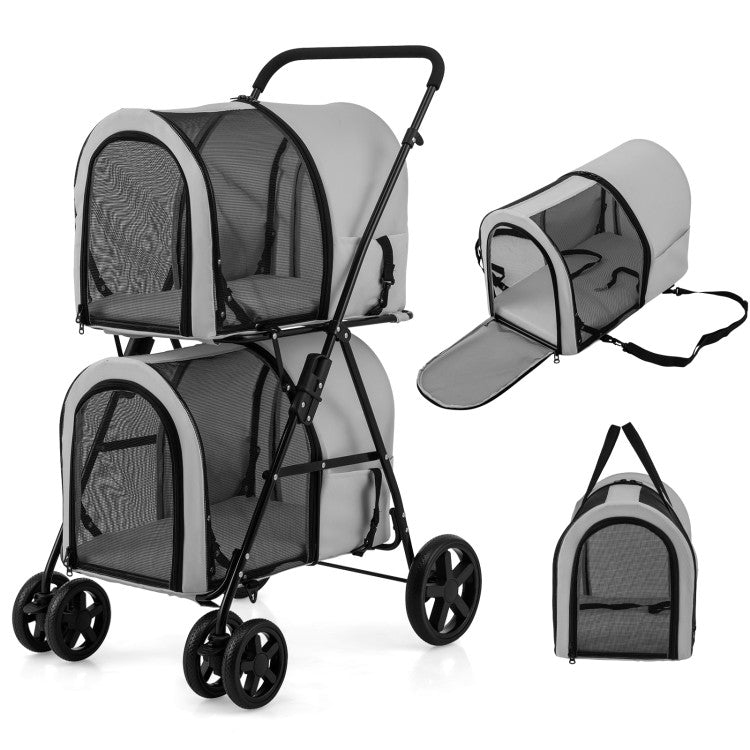 4-in-1 Double Pet Stroller with Detachable Carrier and Travel Carriage