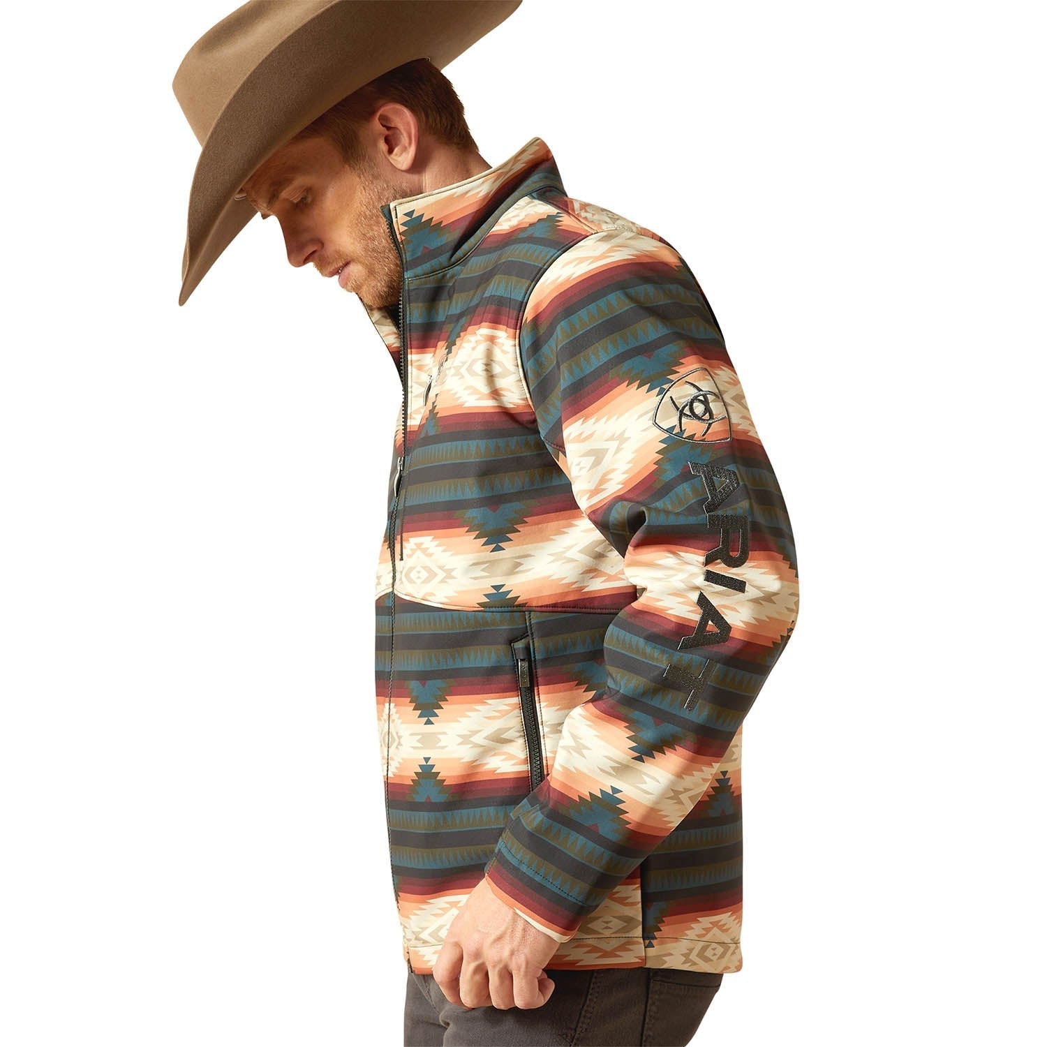 Ariat Mens Western Print Logo Softshell Jacket – Water-Resistant Stretch Lightweight Jacket