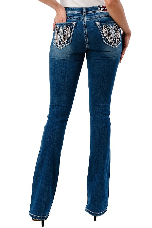 Grace in LA Women's Western Americana Wing Embellished Mid Rise Bootcut Jeans
