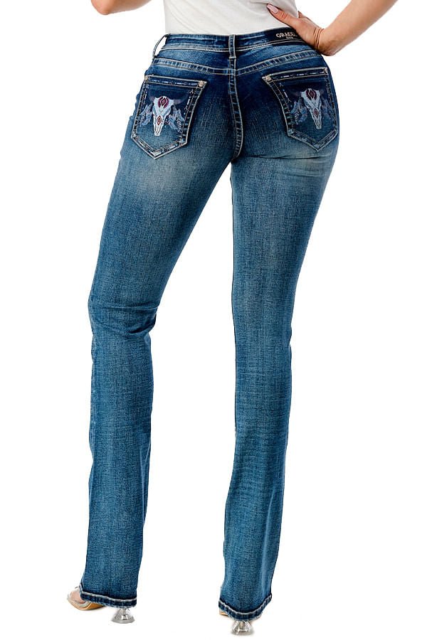 Grace in LA Women's Western Steer Head Print Mid Rise Bootcut Jeans